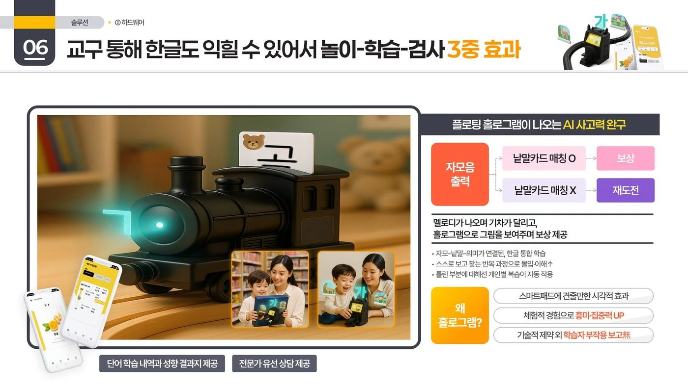 밥상머리디자인 홀로그램 완구 IR — 교구 놀이·학습·검사 3중 효과 슬라이드 리디자인 전후